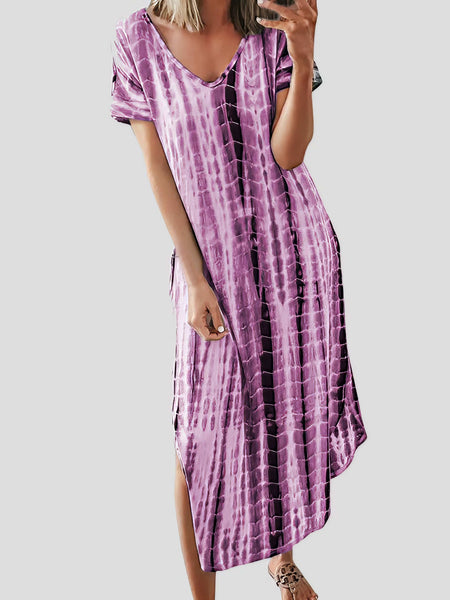 Loose Tie-Dye Printed V-Neck Split Dress