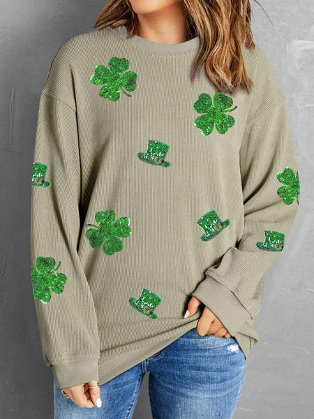 Lucky Clover Patched Corduroy Sequin Sweatshirt