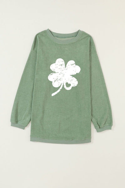 Lucky Clover Print Grass Green Corded Sweatshirt for St. Patrick's Day