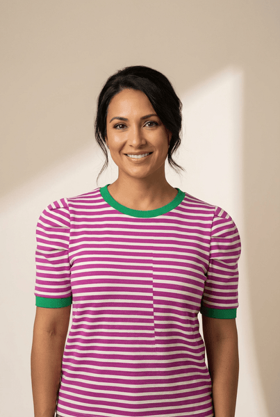 Magenta & White Striped Puff Sleeve Knit Top with Green Trim