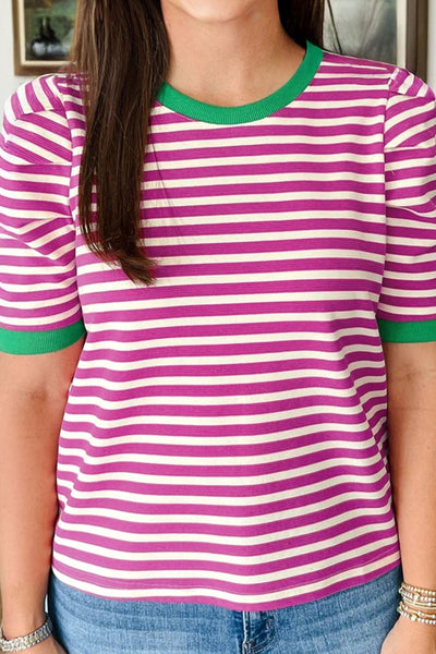 Magenta & White Striped Puff Sleeve Knit Top with Green Trim