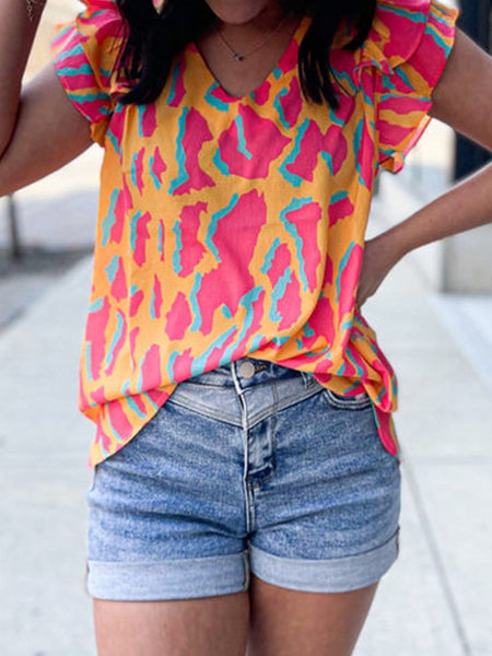 Mango Abstract Print Double Layer Ruffle Sleeve V Neck Blouse