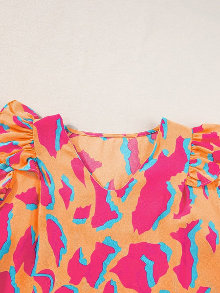 Mango Abstract Print Double Layer Ruffle Sleeve V Neck Blouse