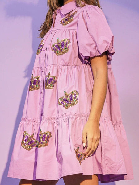 Women's Lavender Puff Sleeve Mini Dress with Crown Detail