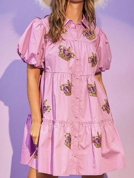 Women's Lavender Puff Sleeve Mini Dress with Crown Detail
