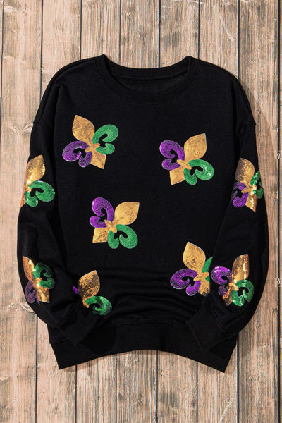 Mardi Gras Sequin Black Graphic Sweatshirt