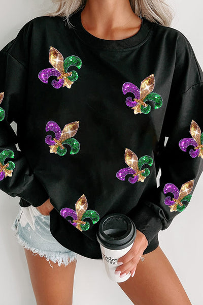 Mardi Gras Sequin Black Graphic Sweatshirt