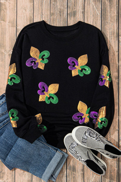 Mardi Gras Sequin Black Graphic Sweatshirt
