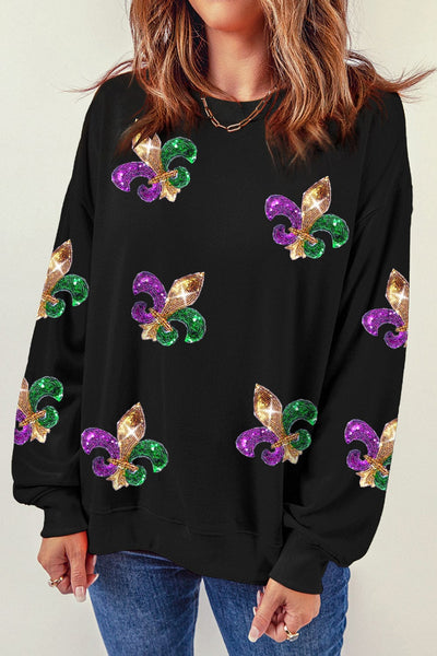 Mardi Gras Sequin Black Graphic Sweatshirt