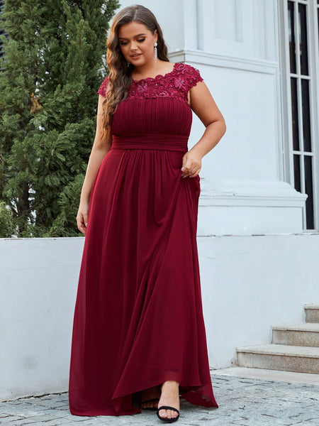 Women's Maxi Lace Cap Sleeve Long Formal Evening Dress