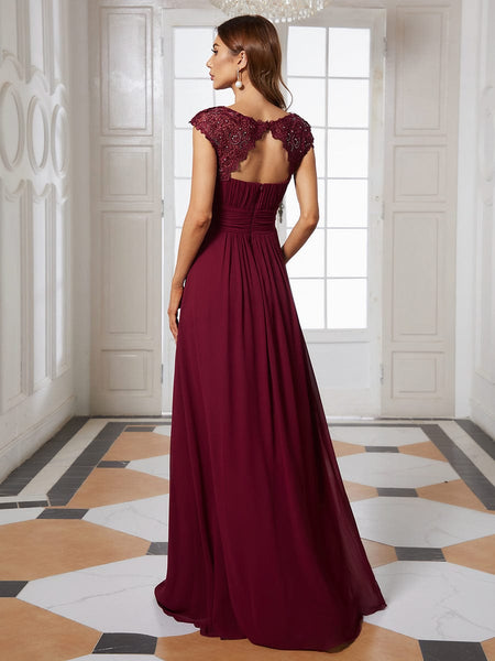 Women's Maxi Lace Cap Sleeve Long Formal Evening Dress