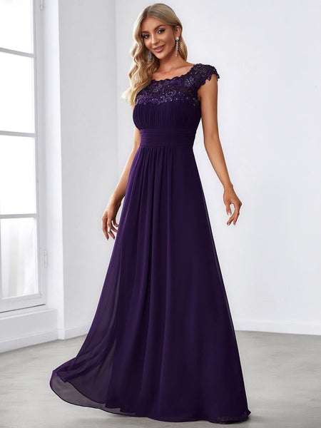 Women's Maxi Lace Cap Sleeve Long Formal Evening Dress