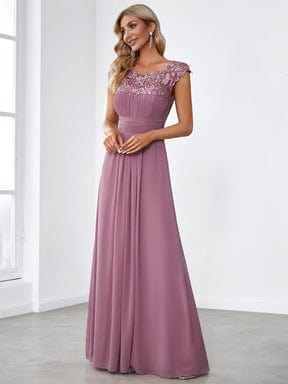 Women's Maxi Lace Cap Sleeve Long Formal Evening Dress