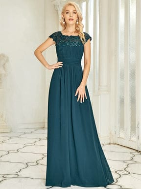 Women's Maxi Lace Cap Sleeve Long Formal Evening Dress