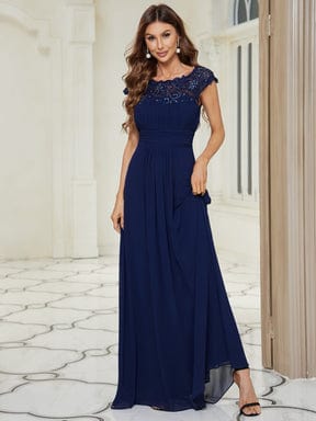 Women's Maxi Lace Cap Sleeve Long Formal Evening Dress