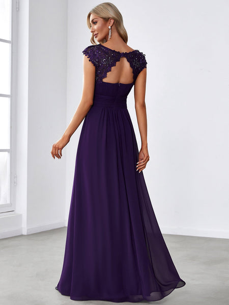 Women's Maxi Lace Cap Sleeve Long Formal Evening Dress