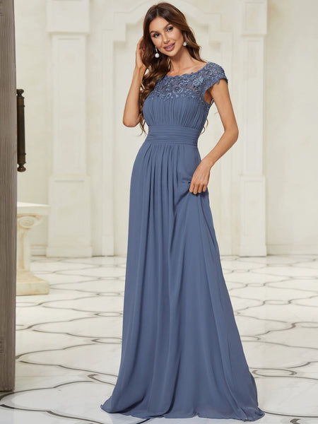 Women's Maxi Lace Cap Sleeve Long Formal Evening Dress
