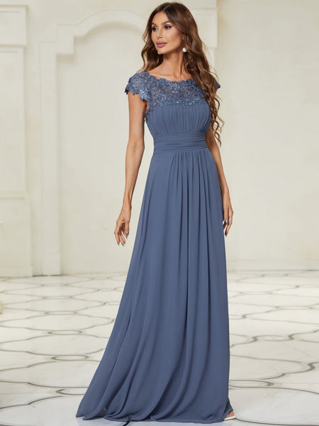 Women's Maxi Lace Cap Sleeve Long Formal Evening Dress