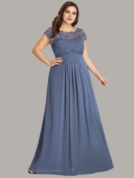 Women's Maxi Lace Cap Sleeve Long Formal Evening Dress