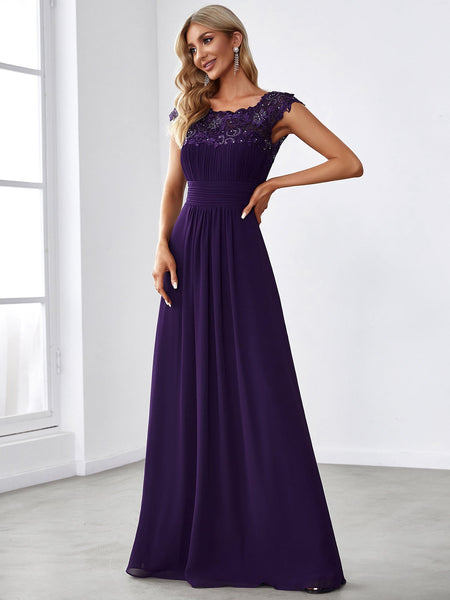 Women's Maxi Lace Cap Sleeve Long Formal Evening Dress