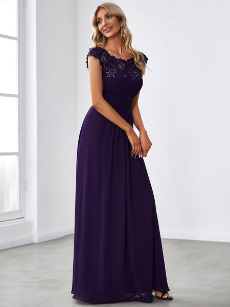 Women's Maxi Lace Cap Sleeve Long Formal Evening Dress