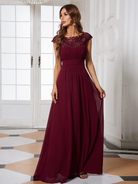 Women's Maxi Lace Cap Sleeve Long Formal Evening Dress
