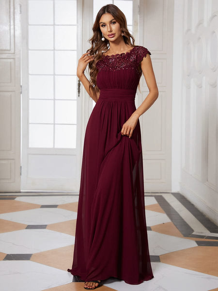 Women's Maxi Lace Cap Sleeve Long Formal Evening Dress