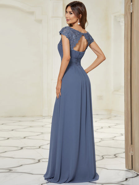 Women's Maxi Lace Cap Sleeve Long Formal Evening Dress