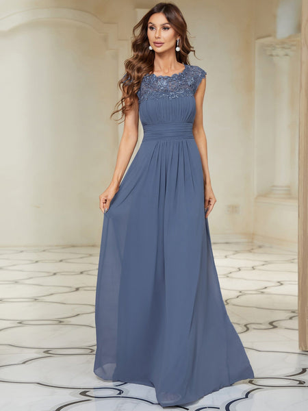 Women's Maxi Lace Cap Sleeve Long Formal Evening Dress