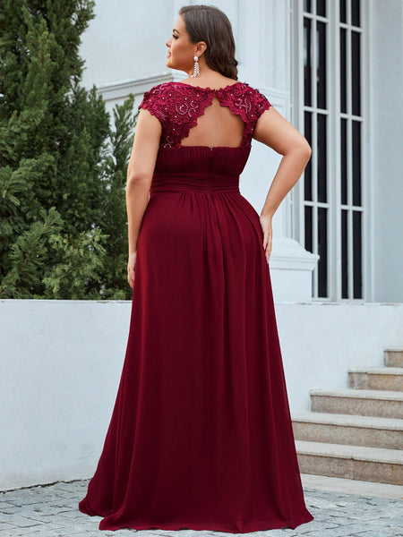 Women's Maxi Lace Cap Sleeve Long Formal Evening Dress