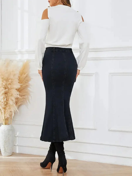 Women's High-Waist Mermaid Denim Midi Skirt with Pintuck Detail