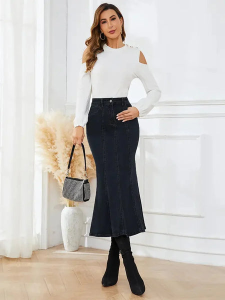 Women's High-Waist Mermaid Denim Midi Skirt with Pintuck Detail