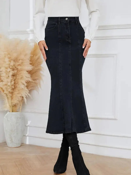 Women's High-Waist Mermaid Denim Midi Skirt with Pintuck Detail