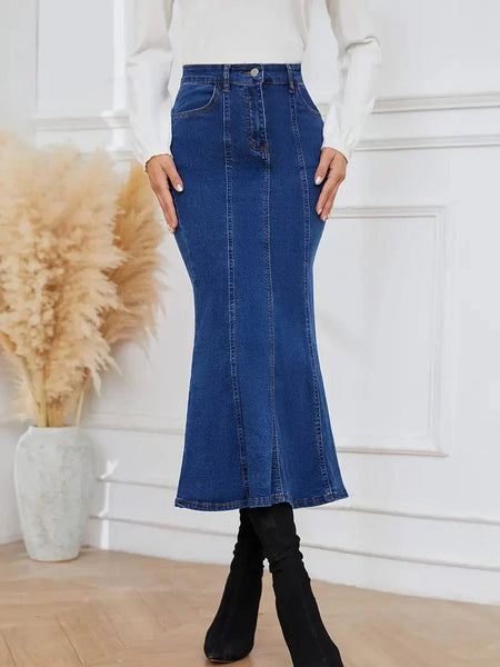 Dark Wash Denim Mermaid Skirt with practical styling and dependable silhouette control.