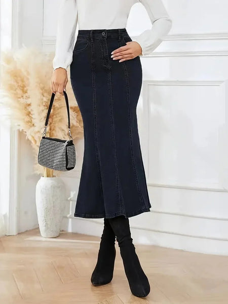 Women's High-Waist Mermaid Denim Midi Skirt with Pintuck Detail