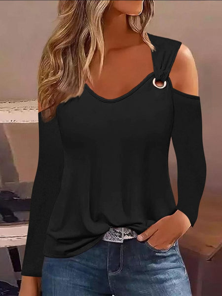 All-Match V Neck Long Sleeve T-Shirt with Cold Shoulder
