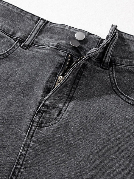 Vintage Washed Split Denim Skirt with Zipper Closure and Pockets