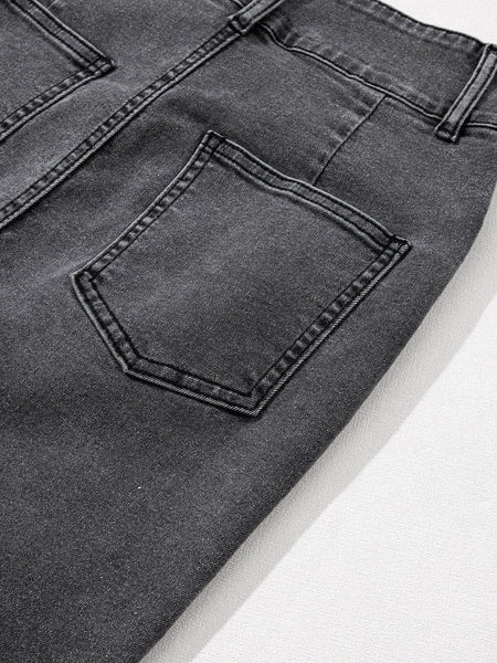 Vintage Washed Split Denim Skirt with Zipper Closure and Pockets