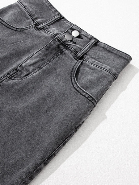 Vintage Washed Split Denim Skirt with Zipper Closure and Pockets