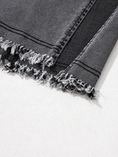 Vintage Washed Split Denim Skirt with Zipper Closure and Pockets