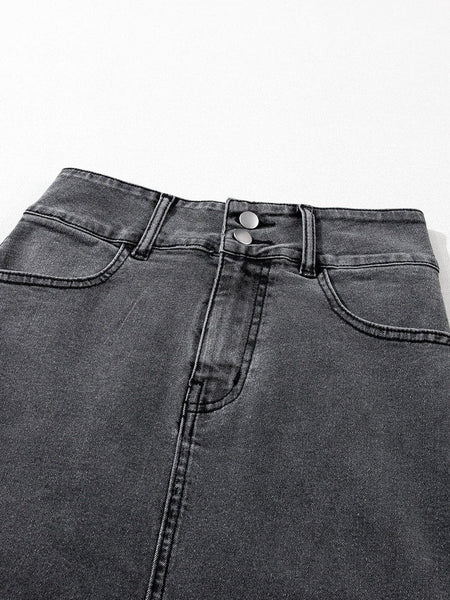 Vintage Washed Split Denim Skirt with Zipper Closure and Pockets