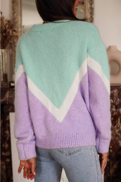Women's Mint and Lavender Chevron Colorblock Ribbed Knit Sweater with practical styling and dependable silhouette control.