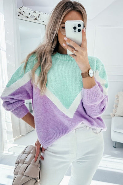 Women's Mint and Lavender Chevron Colorblock Ribbed Knit Sweater with practical styling and dependable silhouette control.