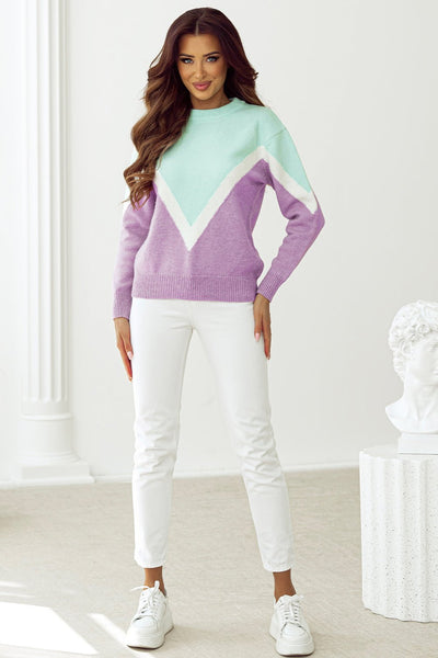 Women's Mint and Lavender Chevron Colorblock Ribbed Knit Sweater with practical styling and dependable silhouette control.