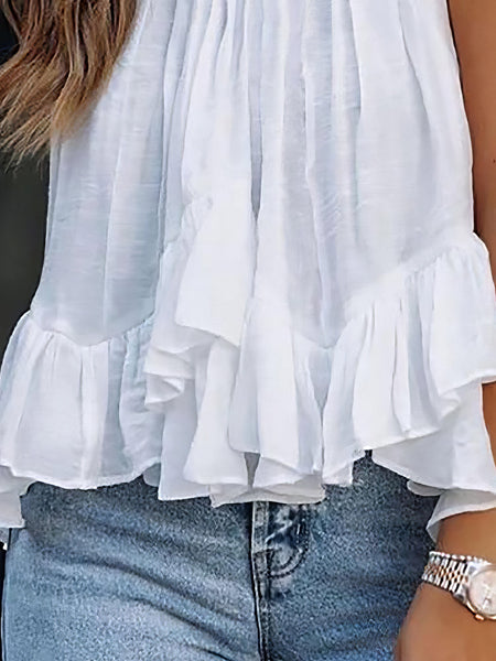 Mock Neck Ruched Chiffon Ruffle Sleeveless Blouse featuring tank tops styling with practical layering, balanced movement, and everyday versatility fo.