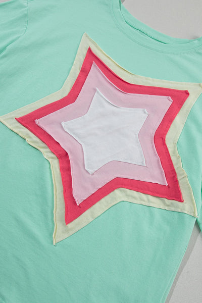 Moonlit Green Starry Colorblock Oversized Tee with Half Sleeves