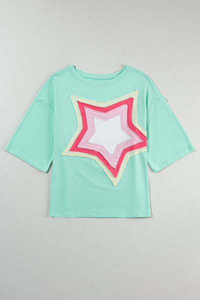 Moonlit Green Starry Colorblock Oversized Tee with Half Sleeves