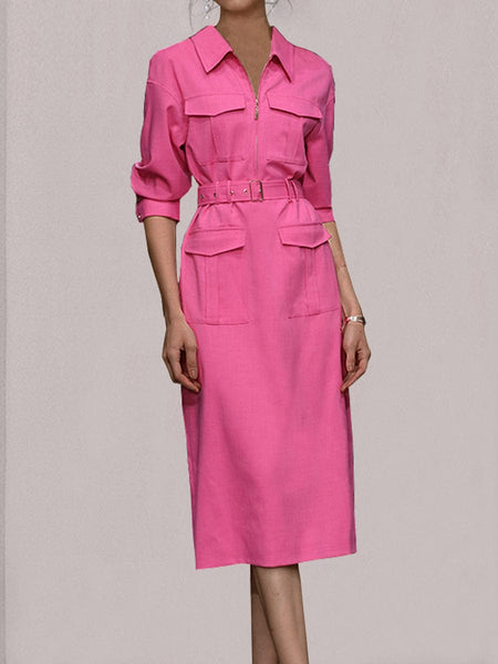 Multi-Pocket Safari Belted Collared Shirt Midi Dress