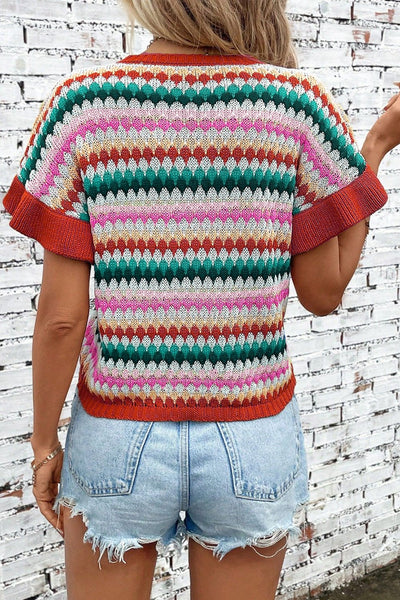 Women's Multicolor Scalloped Pointelle Knit Short Sleeve Sweater