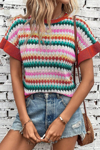 Women's Multicolor Scalloped Pointelle Knit Short Sleeve Sweater